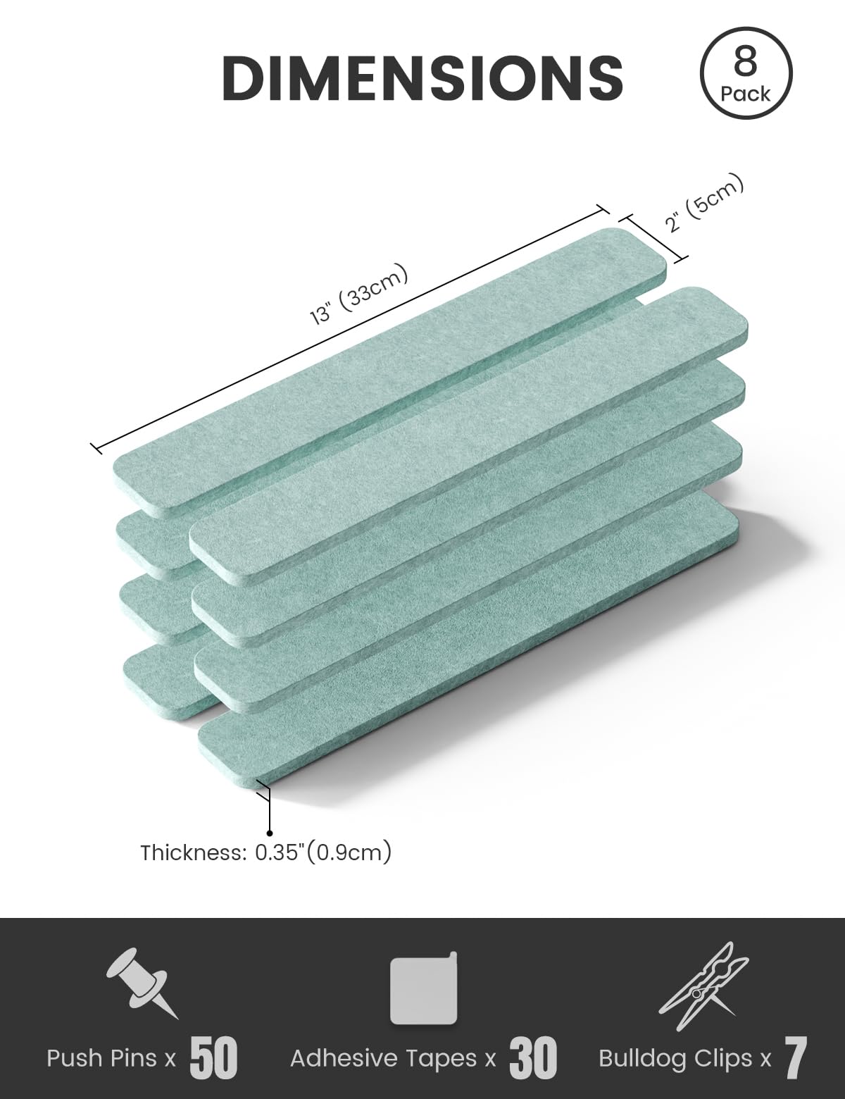 Fluxynara Cork Board Alternative Felt Strip Board 8-Pack 13"x2", Office Pin Board with 50 Push Pins, Adhesive Install for Bedroom Door & Home Office (Teal Blue)