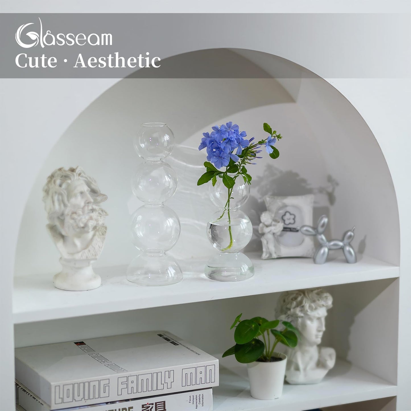 Glasseam Unique Small Flower Vase, Cute Blown Glass Vases for Flowers, Modern Ball Bubble Clear Bud Vases - Decorative Round Single Flower Vase for Home Decor