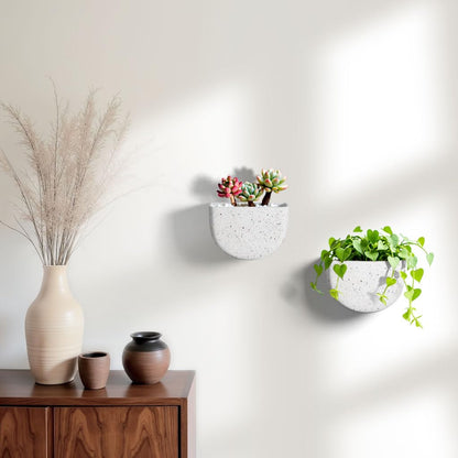 Asnext 2 Pack Wall Hanging Planter Pots for Indoor and Outdoor Plants, 7 Inch Half-Moon-Shaped Plastic Wall Planter, Wall Mounted Succulent Planters (Speckled White)