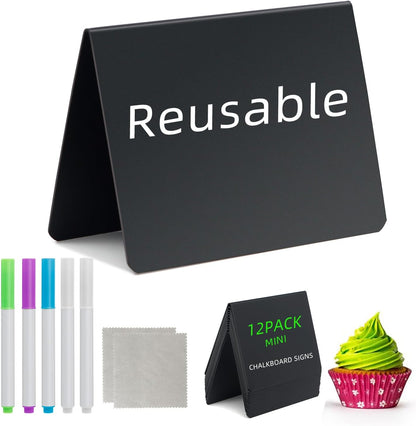 4"x3" Mini Chalkboard Signs Food Labels for Party Buffet Food, 12 Pcs Food Signs Tags for Display, Reusable Tabletop Small Message Chalk Board Signs for Tables Place Cards Wedding Bakery Birthday