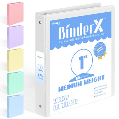 BinderX Extra Durable 3 Ring Binder, Round Ring 1 Inch Binders, Fits 175 Sheets of 8.5x11 Paper, Customizable View Cover with Inside Pockets, Cute 1" Binder, School Supplies for Girls, White