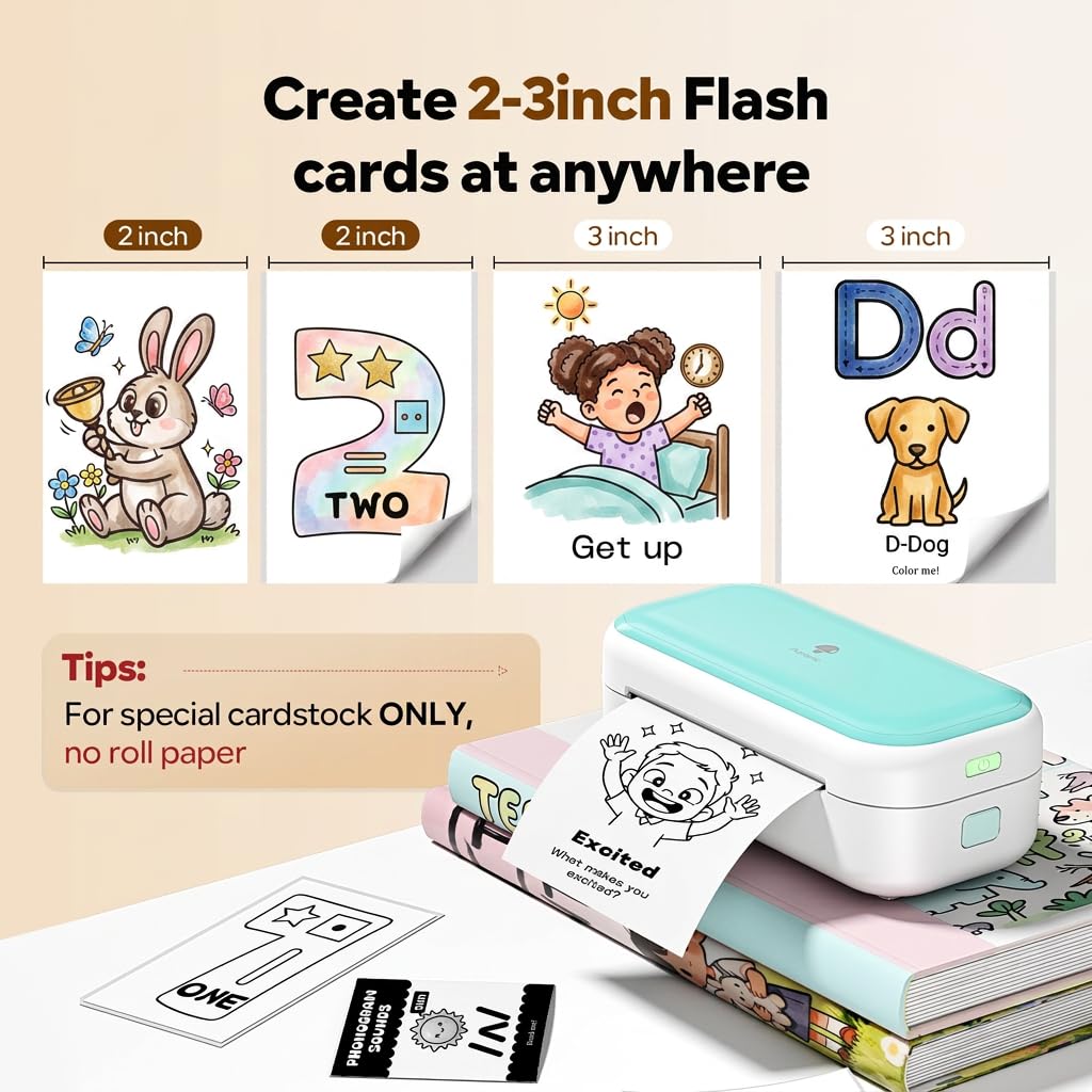 Phomemo M03C Mini Flashcards Printer, Mini Flash Cards Sticker Printer for Preschoolers, DIY Printable Learning Tool, Montessori Toddler Card Tool for Math, Phonics, Sight Words, Homeschool Supplies