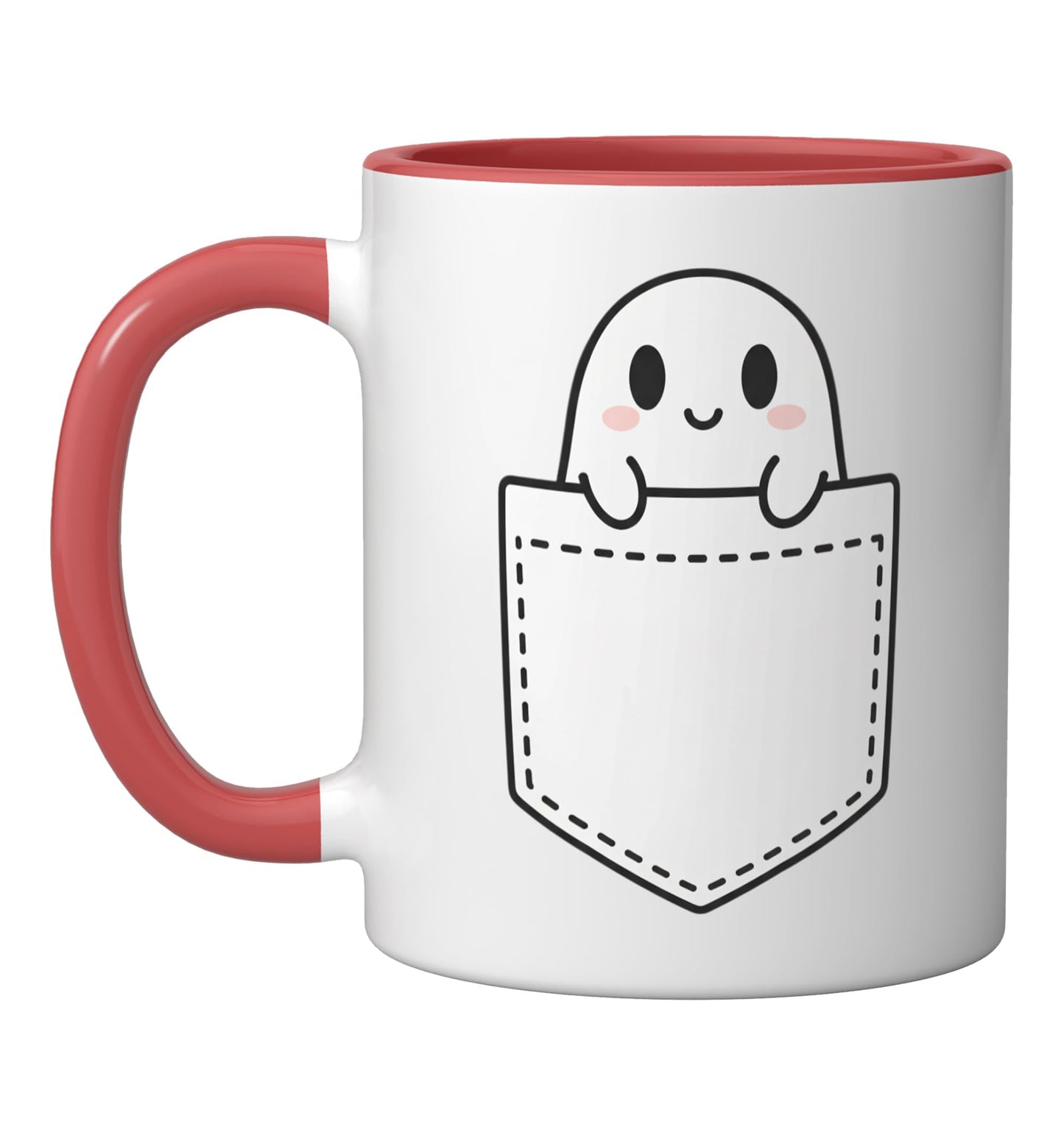 Halloween Pocket Ghost Peekaboo - Cute Halloween Pocket Ceramic Mug, Red/White