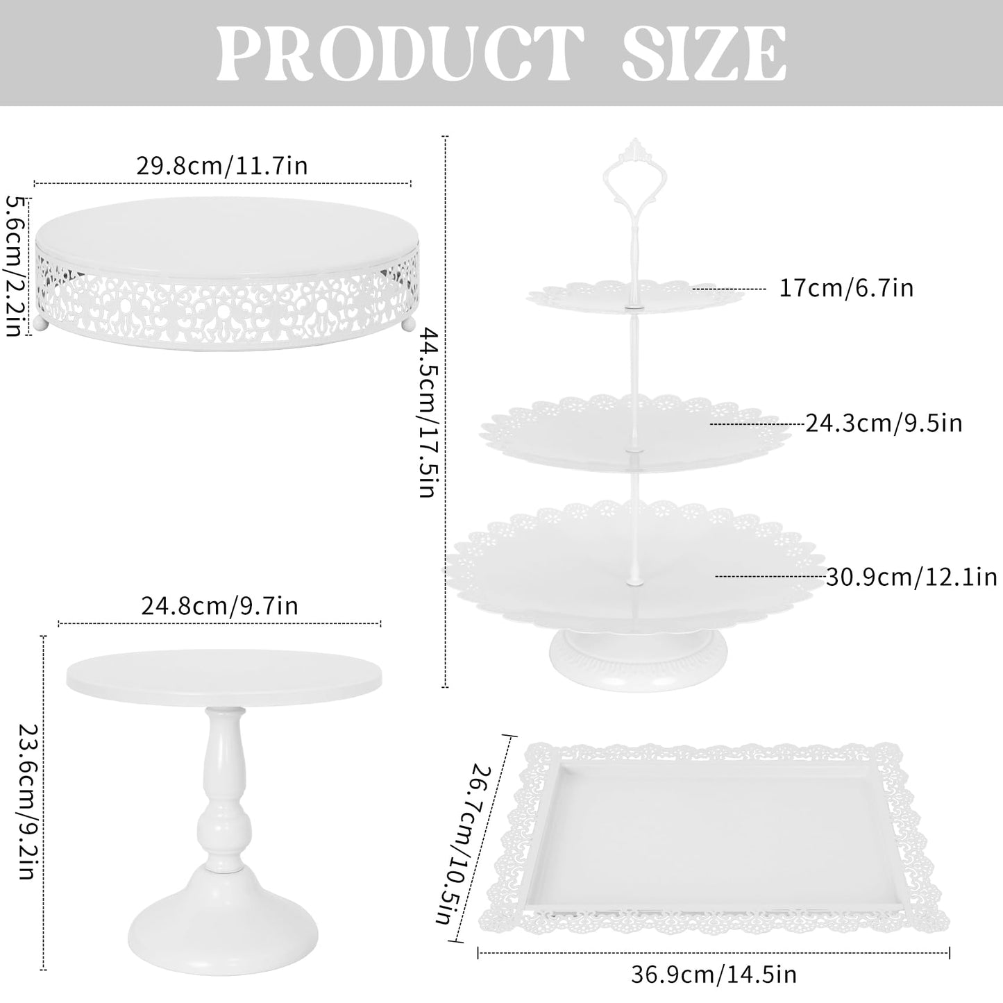 Fivenl 8 Pcs Cake Stand White Metal Dessert Table Display Set, 3-Tier Cupcake Stand, Cake Display Tower and Cookie Tray Rack Serving Tray for Birthday Party, Weddings, Baby Shower (White)