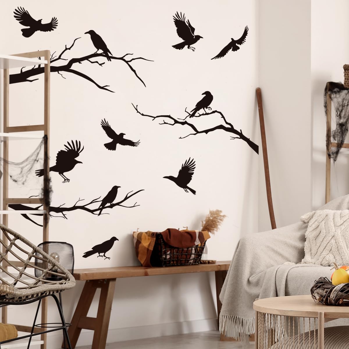 Raven Peel and Stick Wall Stickers - Black Crows, Winter Branches, Halloween Tree Branch Designs - Removable Vinyl Decals
