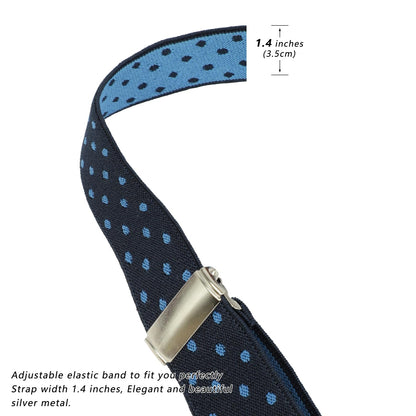 LEHOMU Suspenders for Men with leather 6 Heavy-Duty Clips, 1.4 Inches Wide Men's Suspenders Y-Back Adjustable Elastic Fit for Work or Casual Wear，Tibetan Blue Dots