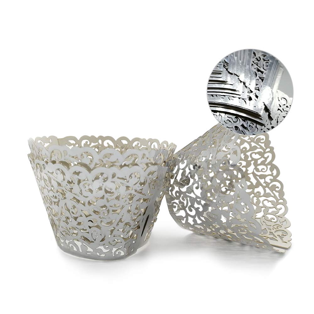 GOLF 100Pcs Cupcake Wrappers Artistic Bake Cake Paper Filigree Little Vine Lace Laser Cut Liner Baking Cup Wraps Muffin CaseTrays for Wedding Party Birthday Decoration (Silver)