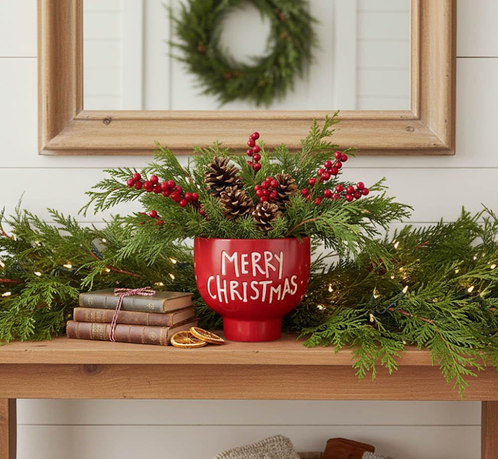 Napco 53032 Merry Christmas Red, White 5.5 x 5.25 Inches Ceramic Footed Indoor/Outdoor Planter Pot