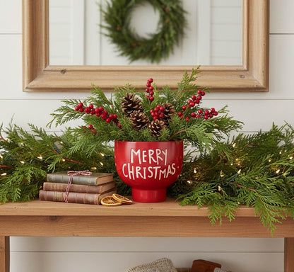 Napco 53032 Merry Christmas Red, White 5.5 x 5.25 Inches Ceramic Footed Indoor/Outdoor Planter Pot