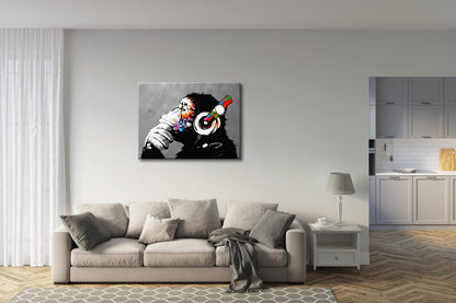 Wieco Art Black Framed Monkey With Headphones Banksy Graffiti Art Abstract Canvas Paintings Prints Animal Canvas Wall Art for Wall Decor and Home decorations Office Decor