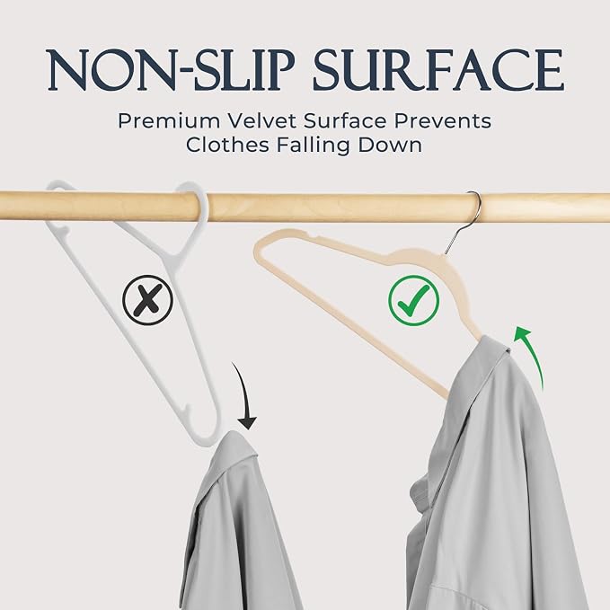 HOUSE DAY Beige Velvet Hangers 20 Pack, Non Slip Clothes Felt Hanger Heavy Duty for Coat, Premium Slim Space Saving Suit Hangers for Closet Organizer, 360° Rotating Silver Hook