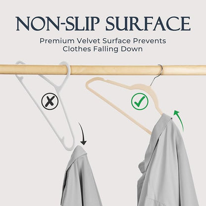HOUSE DAY Beige Velvet Hangers 20 Pack, Non Slip Clothes Felt Hanger Heavy Duty for Coat, Premium Slim Space Saving Suit Hangers for Closet Organizer, 360° Rotating Silver Hook