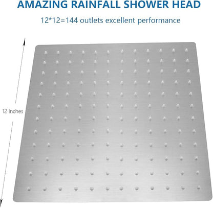 NearMoon Rain Shower Head, High Flow Stainless Steel Square Rainfall Shower, Waterfall Bath Shower Body Covering, Ceiling or Wall Mount (12 Inch, Brushed Nickel)