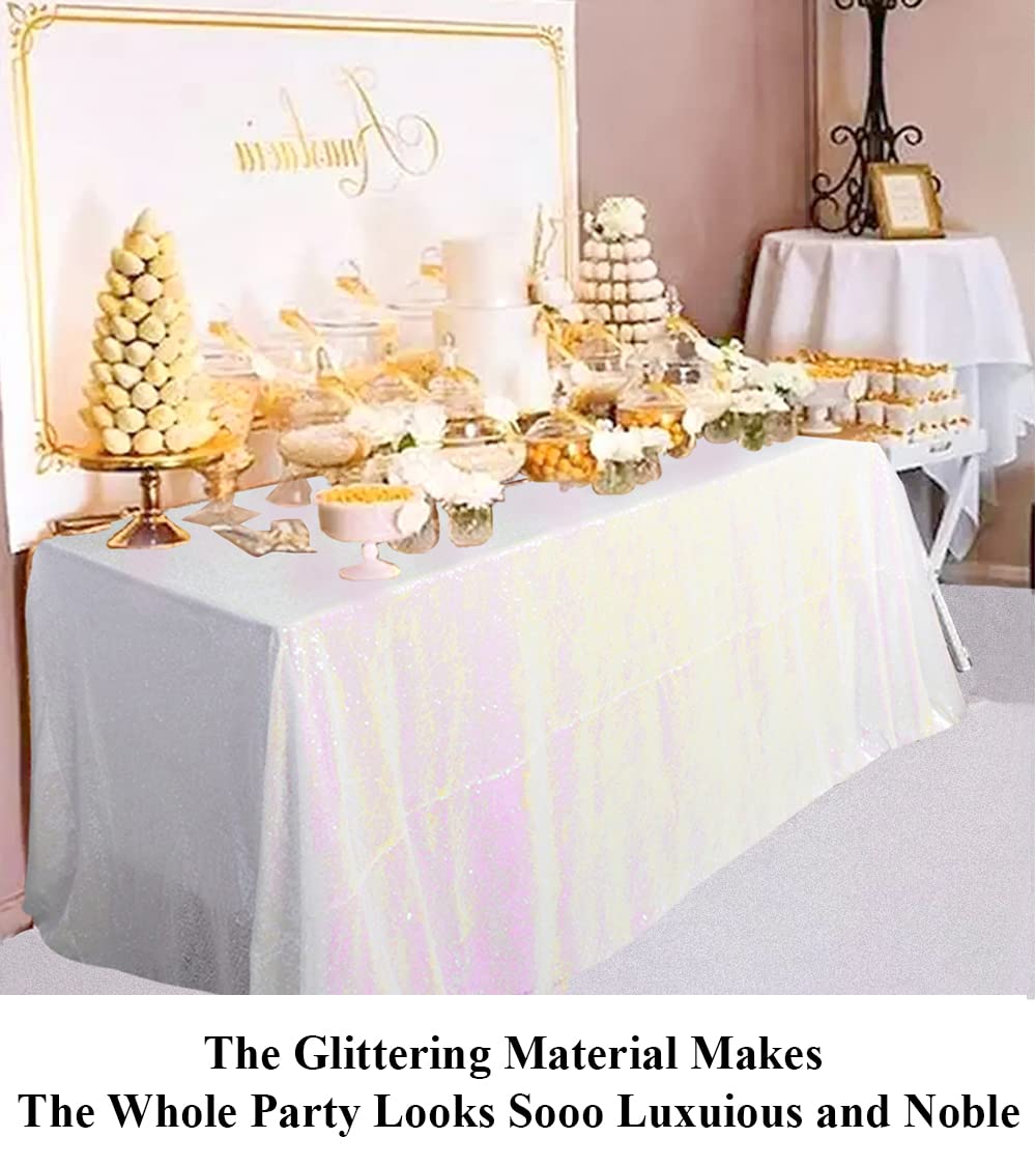 Partisout Iridescent White Sequin Tablecloth 50x80 Sequin Tablecloth Rectangle Glitter Sequin Tablecloth for Wedding Halloween Christmas Bridal Shower Party Decor