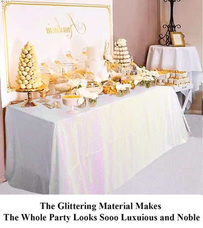 Partisout Iridescent White Sequin Tablecloth 50x80 Sequin Tablecloth Rectangle Glitter Sequin Tablecloth for Wedding Halloween Christmas Bridal Shower Party Decor