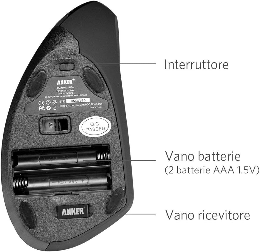 Anker 2.4G Wireless Vertical Ergonomic Optical Mouse, 800/1200 /1600 DPI, 5 Buttons for Laptop, Desktop, PC, MacBook - Black (Renewed)