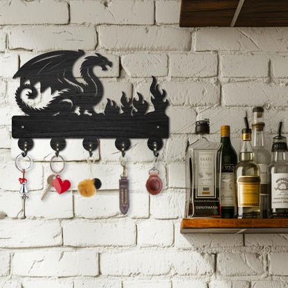 INFUNLY Dragon Black Wooden Key Holder for Halloween 7.9"×11.8" Flame Key Holder Wall Mount Dragon Key Holder Rack with 5 Hooks Key Organizer Rack Hanger for Home Entryway Living Room Bags Umbrella