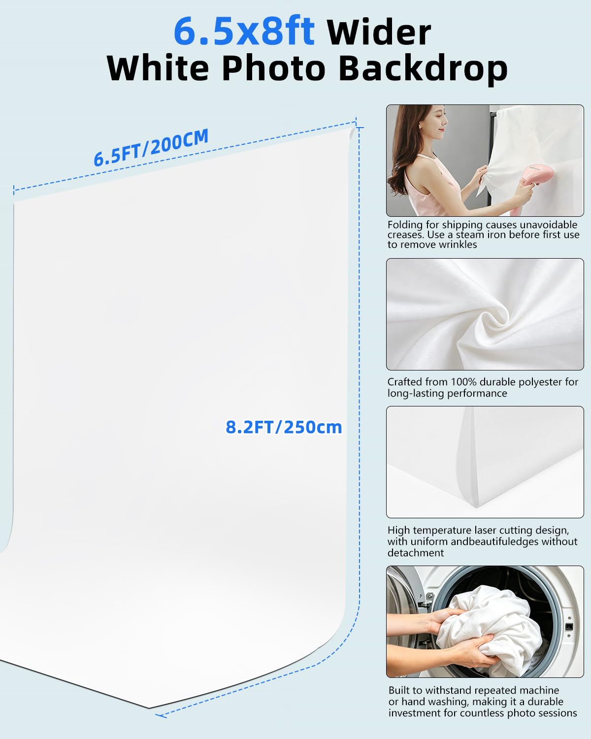 Hemmotop White Photo Backdrop Stand 8x7.5ft, Seamless White Photography Background with Stand Kit for Photoshoot Wedding Birthday Graduation Baby Shower Parties Projector Screen