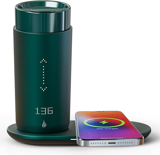 Temperature Control Heated Coffee Mug Smart Self Heating Travel Mug 12 Oz App Controlled Warmer Mug 4-10 Hour LED Display Keep Coffee Hot Fast Wireless Charger Base Jade Green