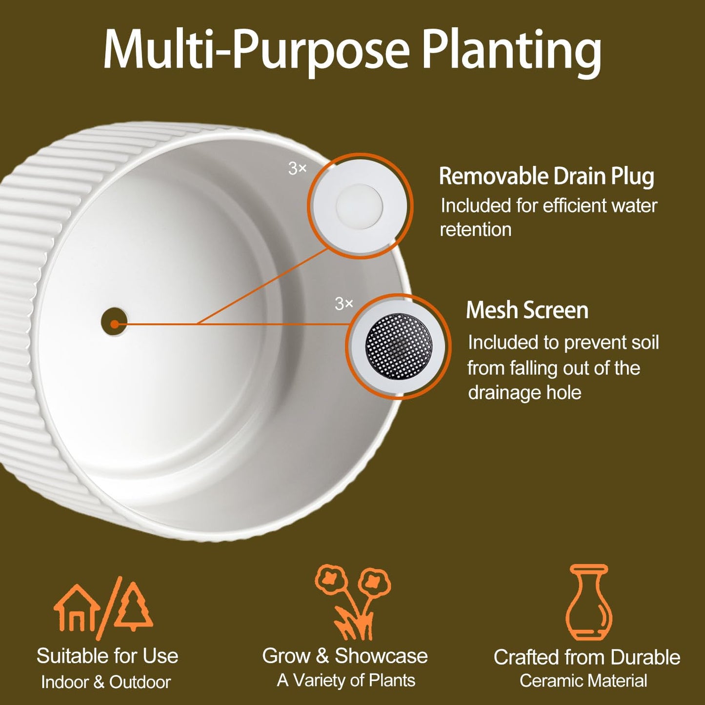 QINLANG White Ceramic Planters for Indoor and Outdoor Plants, White Plant Pot Set of 3 (7.8/6.5/5.1 inch), Ceramic Flower Pots for Plants with Drainage