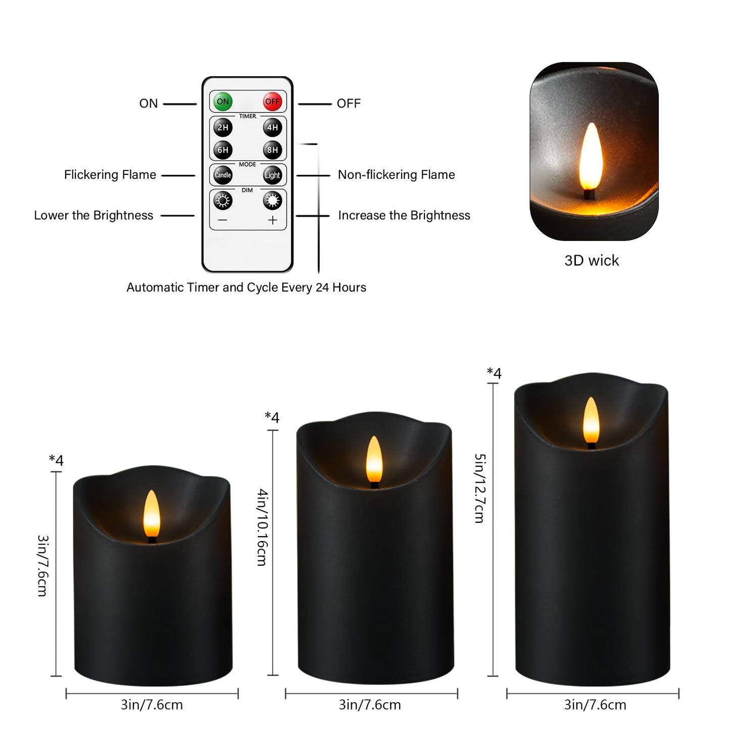 kakoya Flameless LED Candles Battery Operated with Remote and Timer,Flickering Electric Fake Plastic Pillar Candles Set of 12(D3 x H 3" 4" 5") Black
