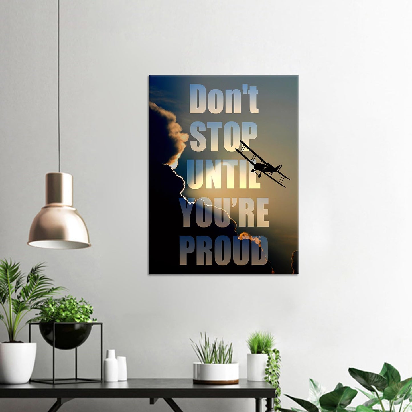 YSPCSUN Inspirational Poster for Office Canvas Wall Art, Don't Stop Until You're Proud Airplane Quote Print for Home Office Dorm Classroom, Single Panel Wall Decor 24x18inch
