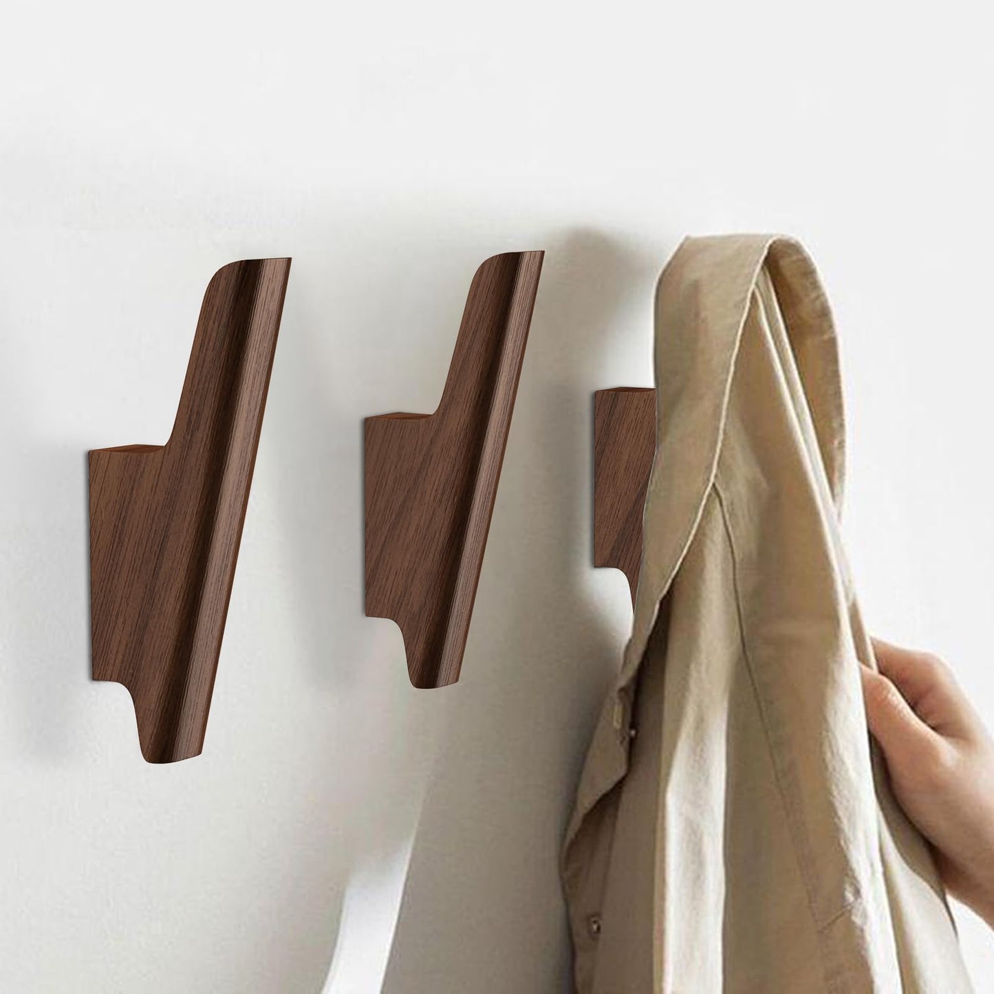 FCOWK Wood Wall Hooks 4 Pack Coat Hooks Wall Mount Walnut Wooden Hooks for Hanging Hat, Bag, Backpack, Rustic Coat Hooks for Wall, Wood Towel Hooks for Bathrooms and Entryway Hooks (Walnut, Dark)