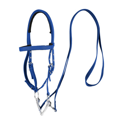 BIGANTTOW Adjustable Horse Bridle with Stainless Steel Bit, Black Nylon Headstall with Reins, Horse Bridles with Bit Non-Slip Design (Blue, L)