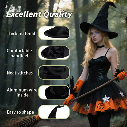 QINYIER Halloween Black Witch Hat for Adult Women, Velvet Hat with Extra Tall Size and Extended Brim, Adjustable and Secure Shape, Cosplay Costume Accessories for Party