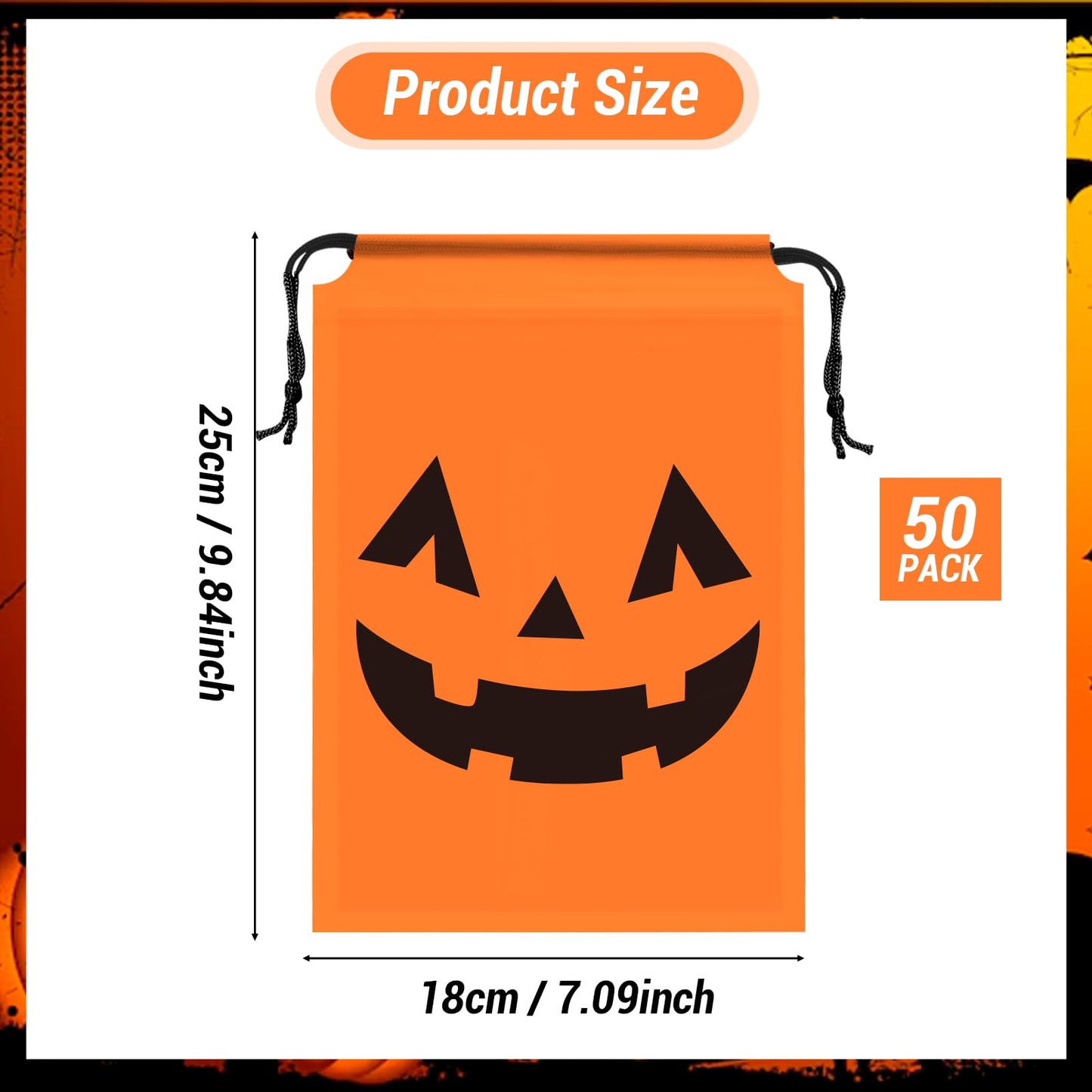 KERINGO 50 Pack Halloween Trick or Treat Party Favors Drawstring Party Favor Bags Translucent frosted Halloween Goodie Bags Gift Packaging Storage for Kids Boys Birthday Supplies 7.08 x 9.84 Inch