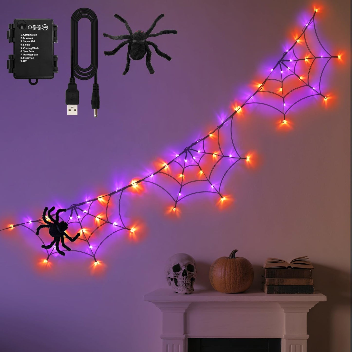 FFZZKJ Halloween Decorations Spider Web Lights 6FT 60LED Battery Operated/USB Powered with Black Spider with Timer 8 Modes Indoor Outdoor for Halloween Decor, Orange&Purple