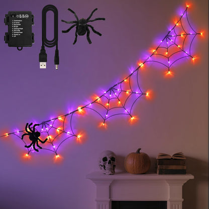 FFZZKJ Halloween Decorations Spider Web Lights 6FT 60LED Battery Operated/USB Powered with Black Spider with Timer 8 Modes Indoor Outdoor for Halloween Decor, Orange&Purple