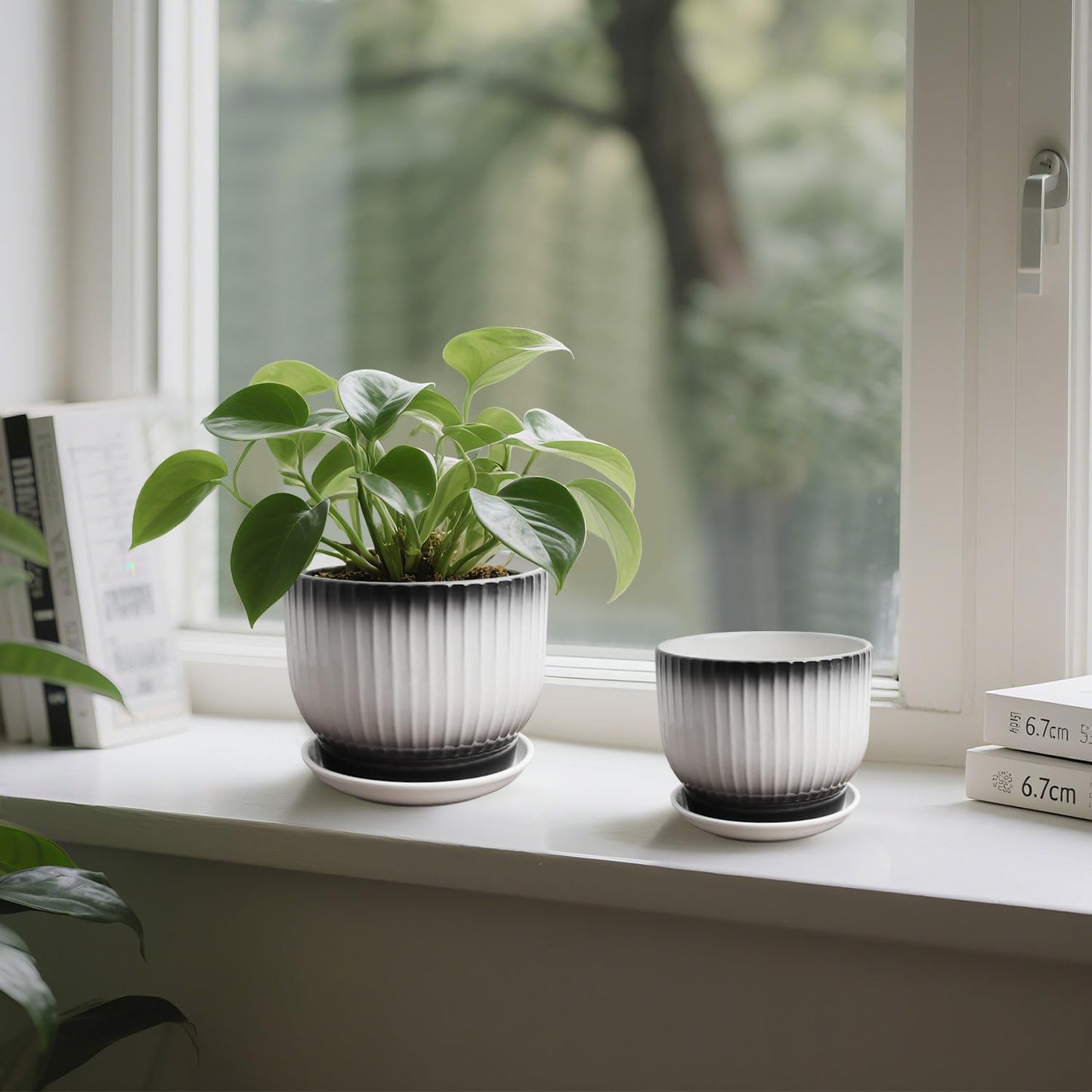 YUFDA 6.7 + 5.5 Inch Ceramic Plant Pots,Set of 2,Planters with Drainage and Saucer,Indoor Pots for Plants,Modern Flower Pots for Home and Office（Black + White）