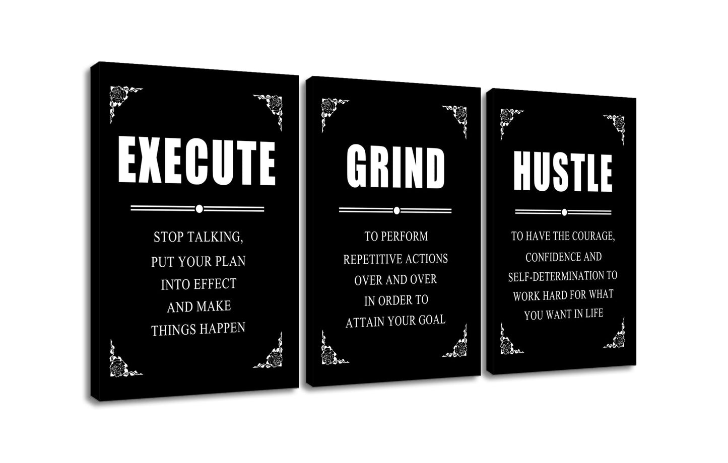 YSPCSUN 3 Panel Inspirational Wall Art for Office Walls Grind Hustle Execute Canvas Art Black and White Motivational Sign Framed Entrepreneur Life Success Quotes Room Decor Large, 48" x 24"