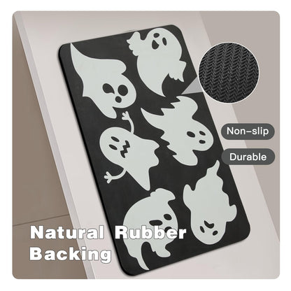 TYUU Halloween Bath Mat, Thin Halloween Bathroom Rug Non Slip Quick Dry Ghost Bath Mat Fits Under Door Thin Floor Mat Halloween Decor, 17''x30'', Ghosts Black