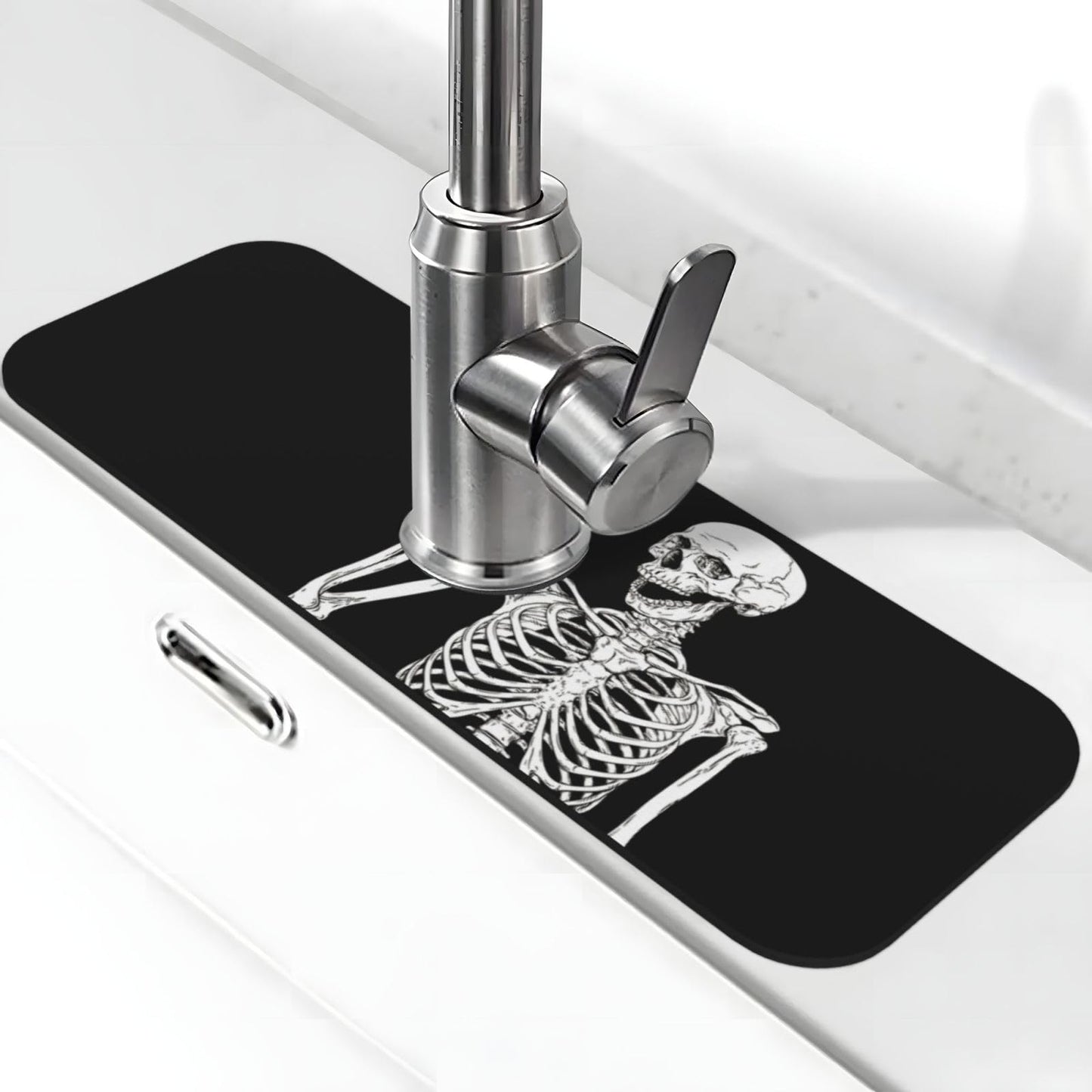 Black Funny Skull Human Skeleton Halloween Kitchen Sink Splash Guard Faucet Mat Super Absorbent Fast Drying Mat Sink Gadgets-Fast Drying Pad Sink Mat For Kitchen Bathroom (15" X 5.5" )