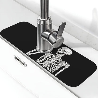 Black Funny Skull Human Skeleton Halloween Kitchen Sink Splash Guard Faucet Mat Super Absorbent Fast Drying Mat Sink Gadgets-Fast Drying Pad Sink Mat For Kitchen Bathroom (15" X 5.5" )