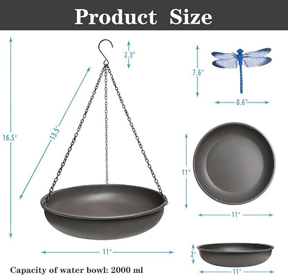 Hanging Bird Bath for Outside,11" Metal Bird Feeder Birdbath Bowl with 13.5" Rust-Proof Black Chains for Garden Backyard Decor with Magnetic Dragonfly Decor Dark Curry
