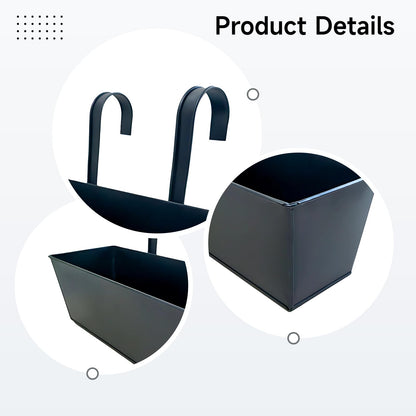 Tressify Outdoor Hanging Planter, 2 Pcs 16.3 in Black Metal Railing Planter Box, Iron Flower Pot with Drainage Holes
