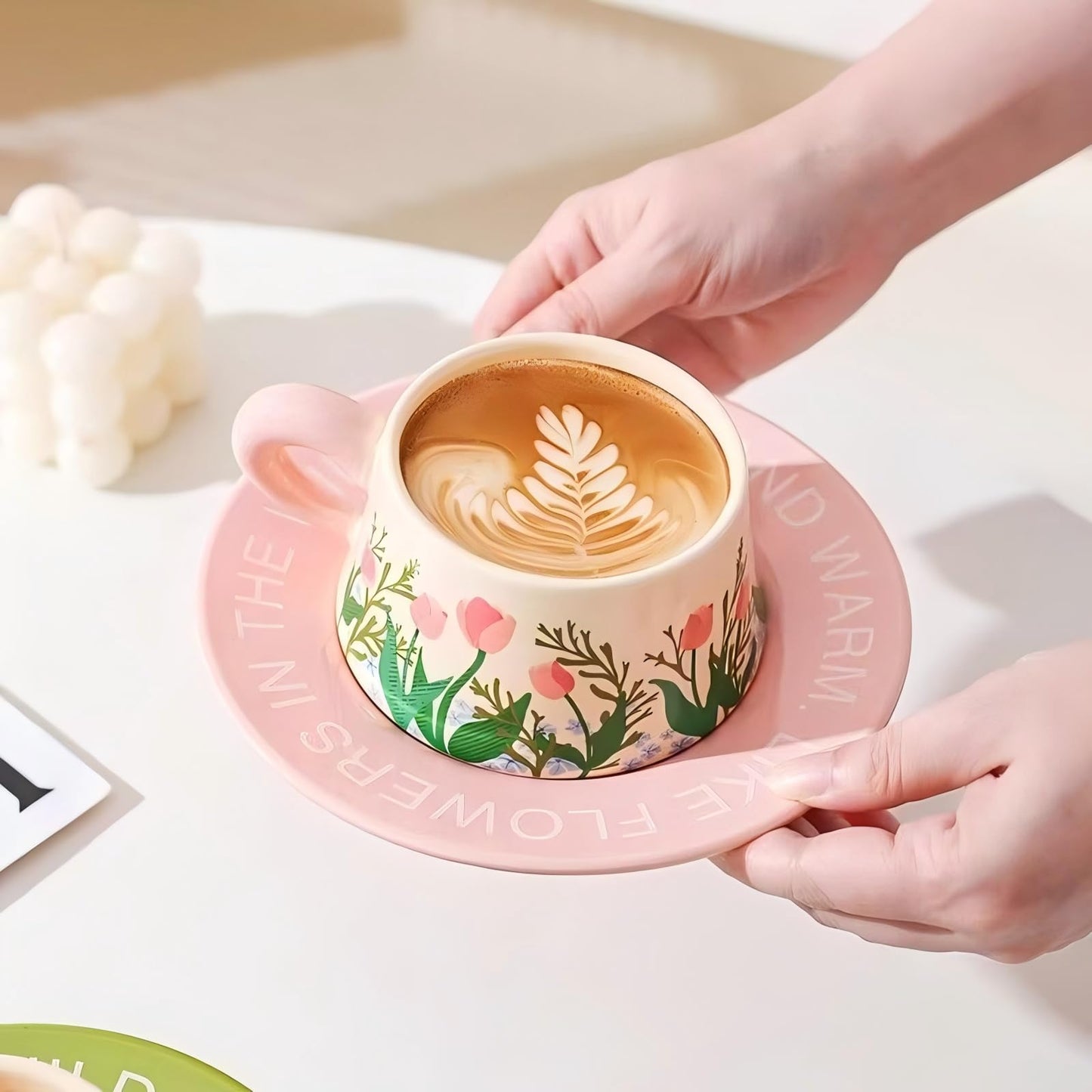 EWCEFIC Cute Ceramic Coffee Mug and Saucer Set for Women, Spring Floral Embossed Design, 9.5oz/280ml, Perfect for Home, Office & Holiday Gifts (Pink Tulip)