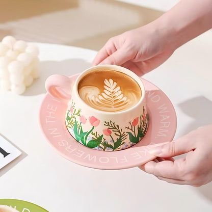 EWCEFIC Cute Ceramic Coffee Mug and Saucer Set for Women, Spring Floral Embossed Design, 9.5oz/280ml, Perfect for Home, Office & Holiday Gifts (Pink Tulip)