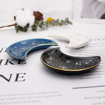 Soddeph Small Moon Ceramic Jewelry Tray, Decorative Trinket Dish, Ring Holder Plate, Modern Accent Tray for Bathroom, Nightstand, Entryway Table, Vanity (2, Blue)