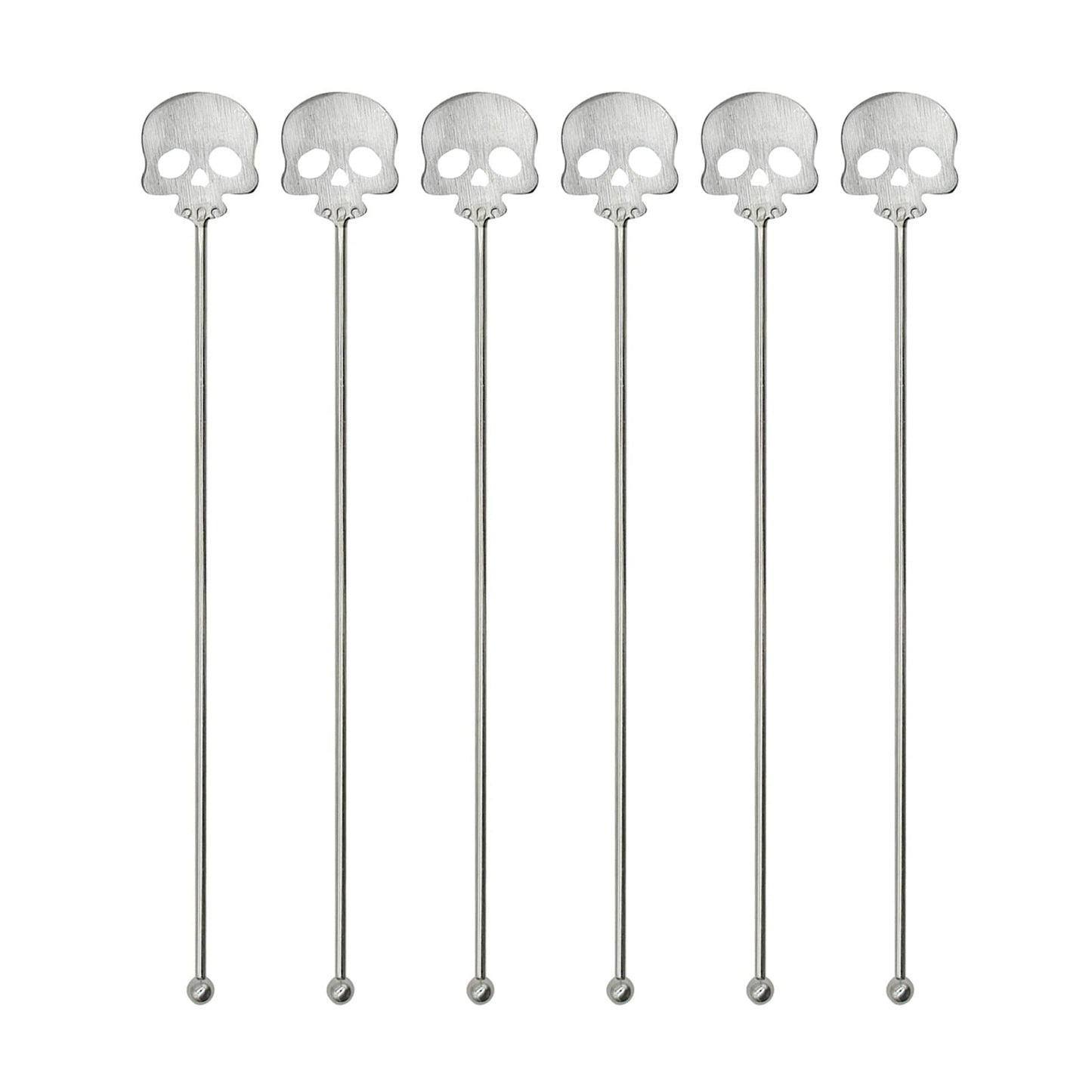 Pinenjoy 6Pcs Skull Swizzle Sticks 8.7inch Coffee Stirrers Reuseable 18/10(304) Stainless Steel Beverage Cocktail Stirrer for Bar Halloween Party Mixing Drinks