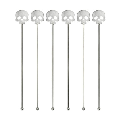Pinenjoy 6Pcs Skull Swizzle Sticks 8.7inch Coffee Stirrers Reuseable 18/10(304) Stainless Steel Beverage Cocktail Stirrer for Bar Halloween Party Mixing Drinks