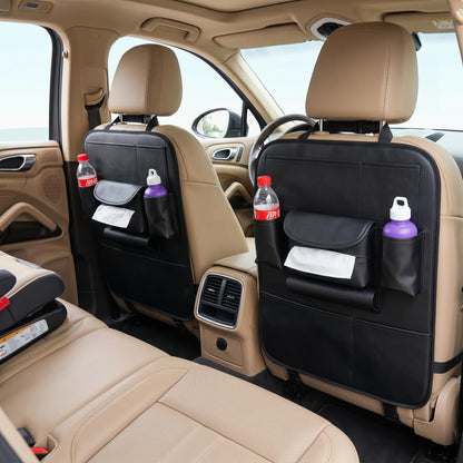 SANMITTI 2 Pack PU Leather Premium Car SeatBack Organizer Travel Accessories Kick mats Back seat Protector and Cup Holder Holder Universal Use Seat Covers (23×17 in)