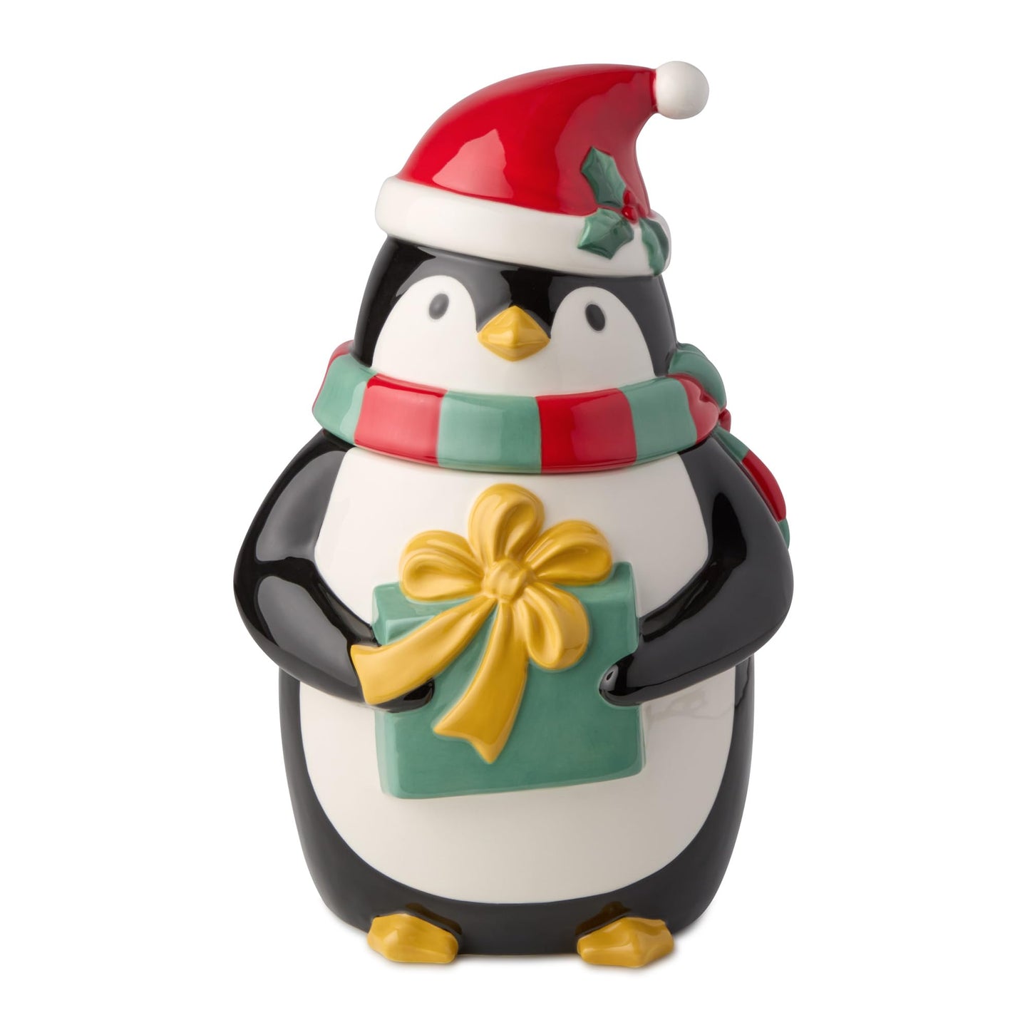 Christmas Whimsy Penguin Cookie Jar – 3D Ceramic 72oz Holiday Treat Jar with Lid, Sculpted Penguin Holding Gift, Festive Winter Kitchen Décor for Cookies, Candy, Snacks, and Holiday Entertaining
