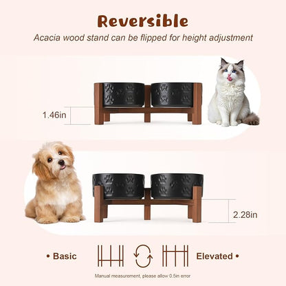SPUNKYJUNKY Ceramic Elevated Dog Bowl Set with Acacia Wood Stand for Food and Water for Cats and Small Dogs (13.52 OZ, Black, Dog Paw Pattern)
