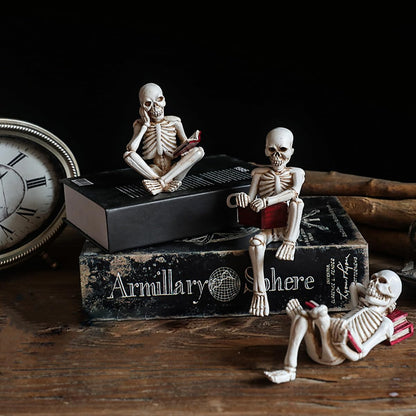 3 Psc Reading Skeleton Statue Gothic Horror Decor for Bookshelf and Desk Resin Figurine Halloween Decoration