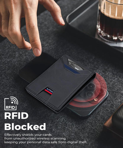 7worldlet Slim RFID Blocking Wallets for Men Synthra™ Ultra Leather Bifold Minimalist Wallet 11 Cord Holder Thin Mens Wallet with Gift Box (Black+Black)