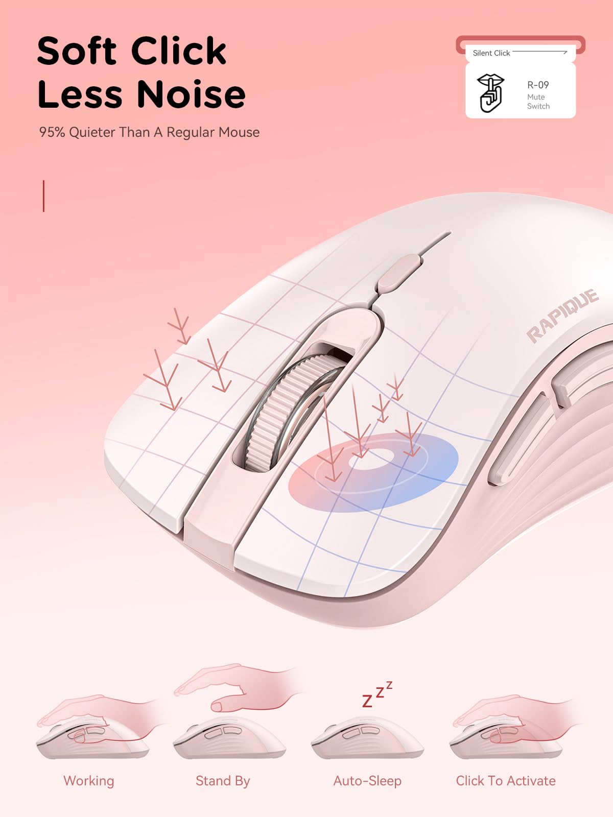 RAPIQUE Bluetooth Wireless Mouse - Dual Bluetooth & 2.4 GHz USB Receiver, Ergonomic Design, Quiet Clicks, Low Power - Multi-Device Compatibility for MacBook, Laptop, Computer, iPad Air/Pro (Pink)